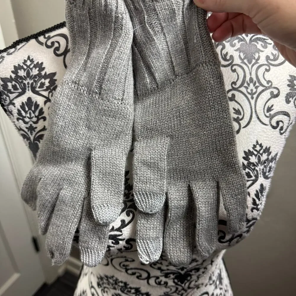 Kate Spade New York Heather Gray Metallic Knit Gloves with Bow | One Size